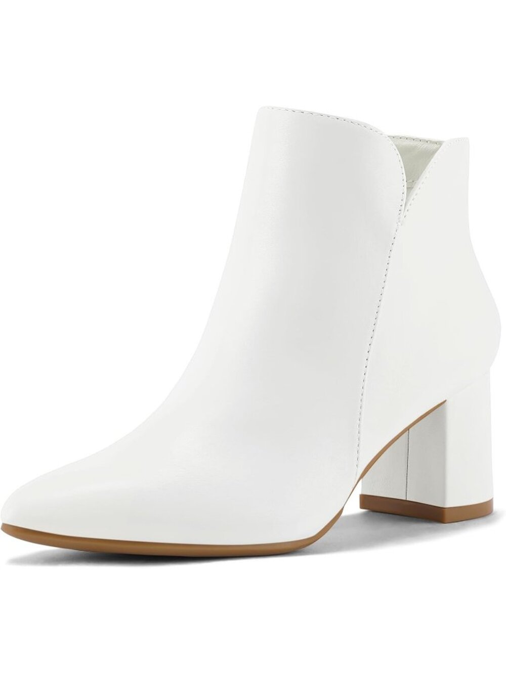Women's White Pu Ankle Boots Chunky Block Heel Pointed Toe Booties Side Zipper